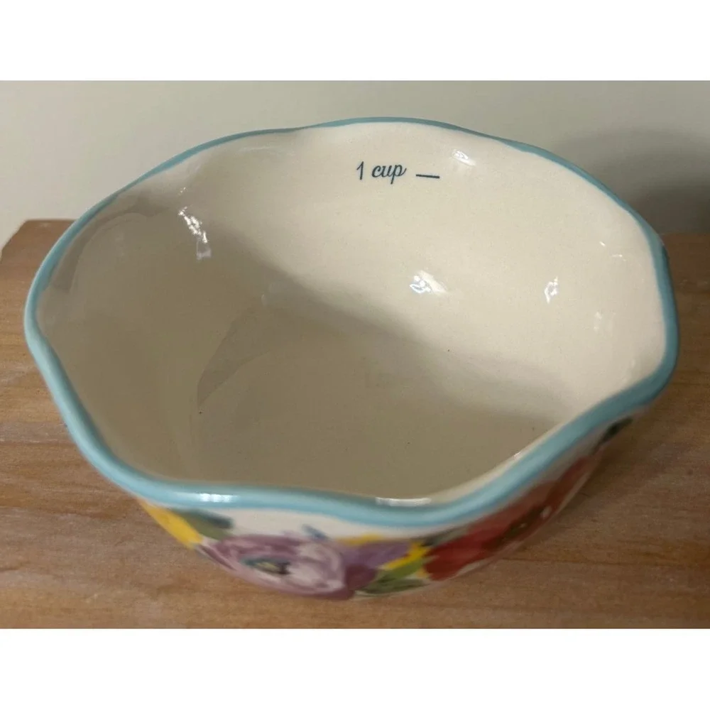 Pioneer Woman Nesting Measuring Bowls Set 2 Floral Stoneware 1 Cup 1/2 Cup